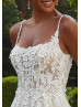 Beaded Spaghetti Straps Ivory 3D Lace Tulle Slit Chic Wedding Dress